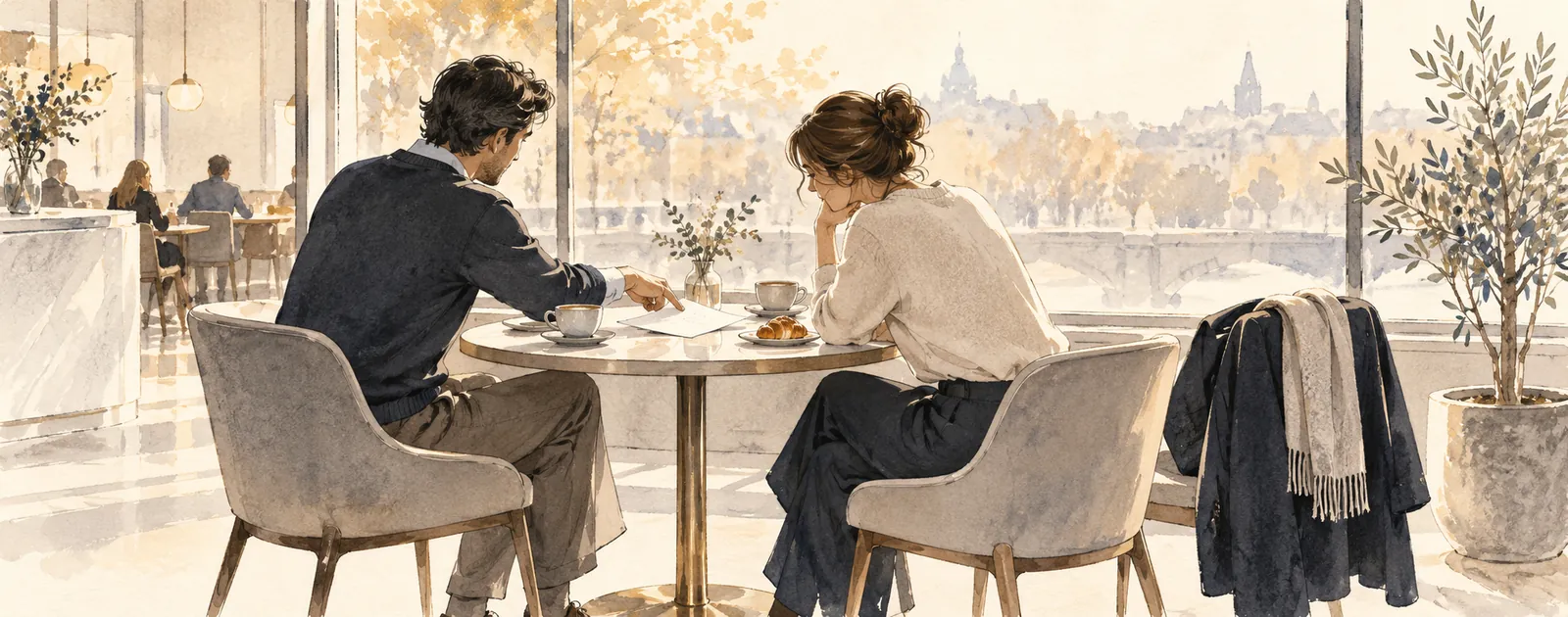 Illustration of two people sharing a page at a cafe table, with a third chair waiting for another view.