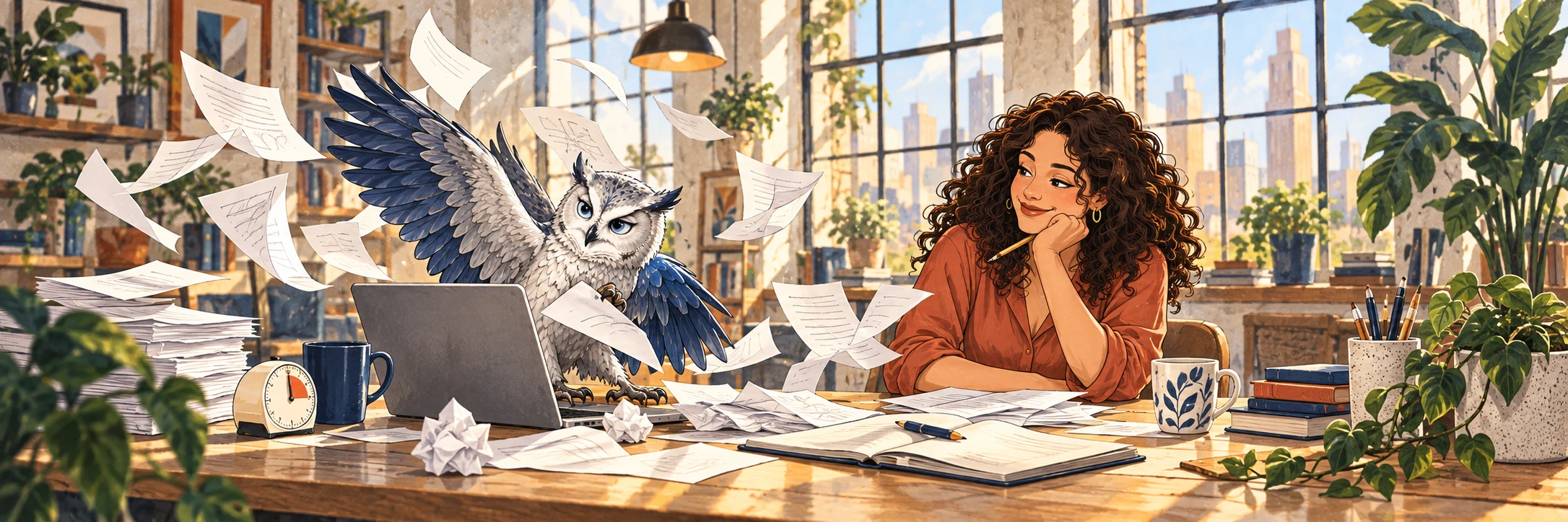 Morning light fills Mara’s studio as loose draft pages fly around her laptop and the silver-and-blue owl.