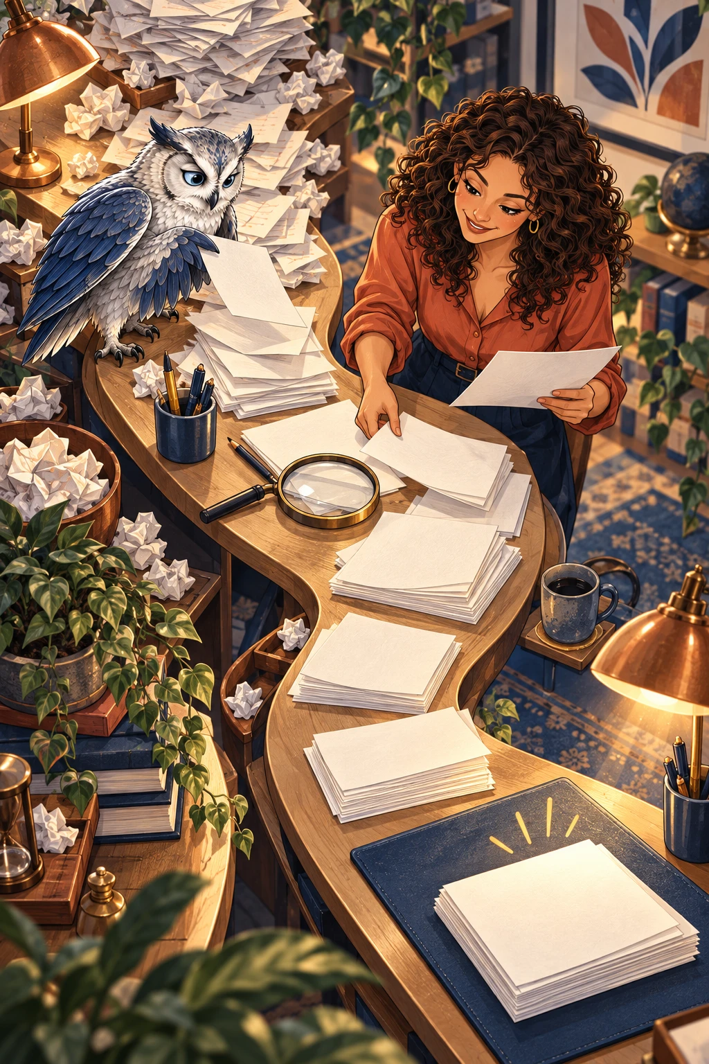Mara and the owl sort pages along a winding workbench, from a towering pile to a single finished sheet.